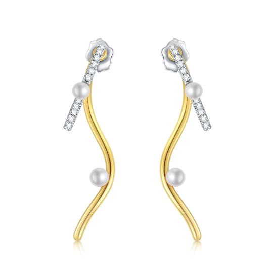 Orecchini pendenti in oro bianco e oro giallo 14K con moissanite e perle
