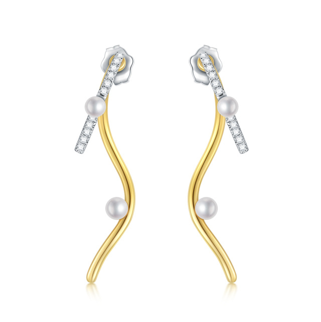 Boucles d'oreilles pendantes en or blanc et or jaune 14K Moissanite et perle-0