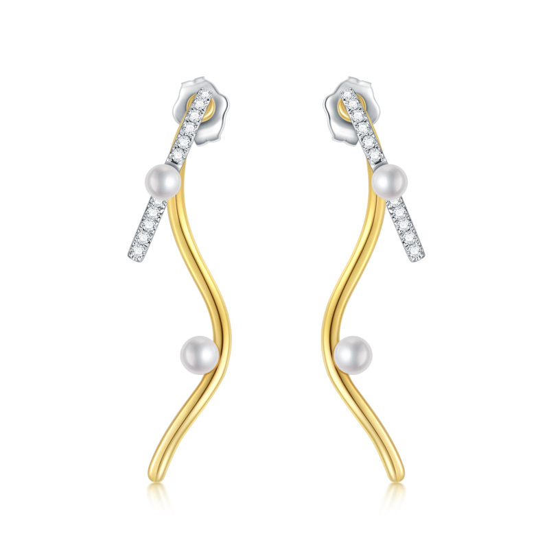 Boucles d'oreilles pendantes en or blanc et or jaune 14K Moissanite et perle