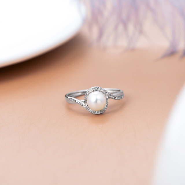 14K White Gold Round Diamond & Pearl Wedding Ring-2