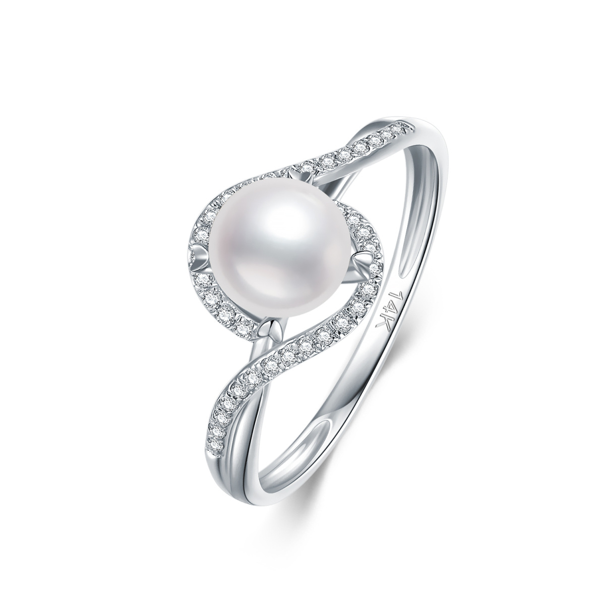 14K White Gold Round Diamond & Pearl Wedding Ring-1