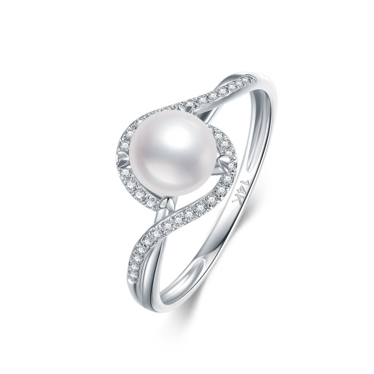 Anello nuziale con diamante rotondo e perla in oro bianco 14K