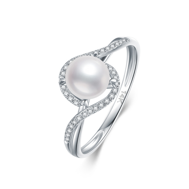 14K White Gold Round Diamond & Pearl Wedding Ring-0