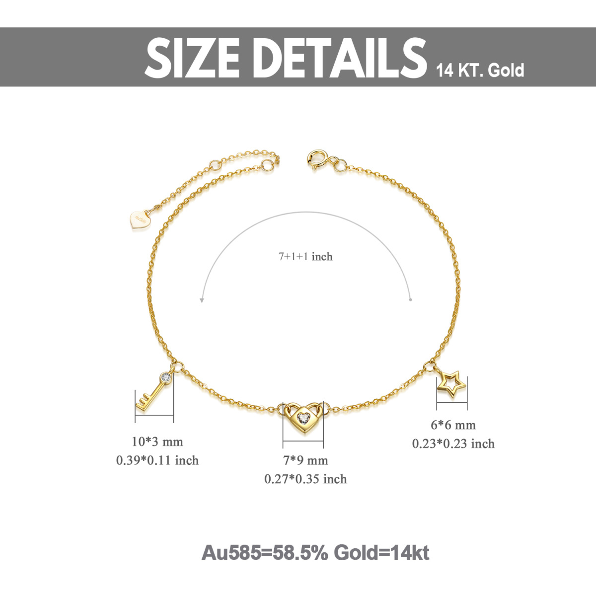 14K Gold Round Moissanite Heart & Key & Lock & Star Pendant Bracelet-5