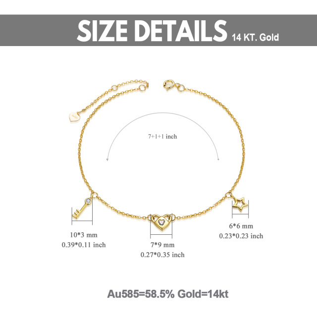14K Gold Round Moissanite Heart & Key & Lock & Star Pendant Bracelet-4