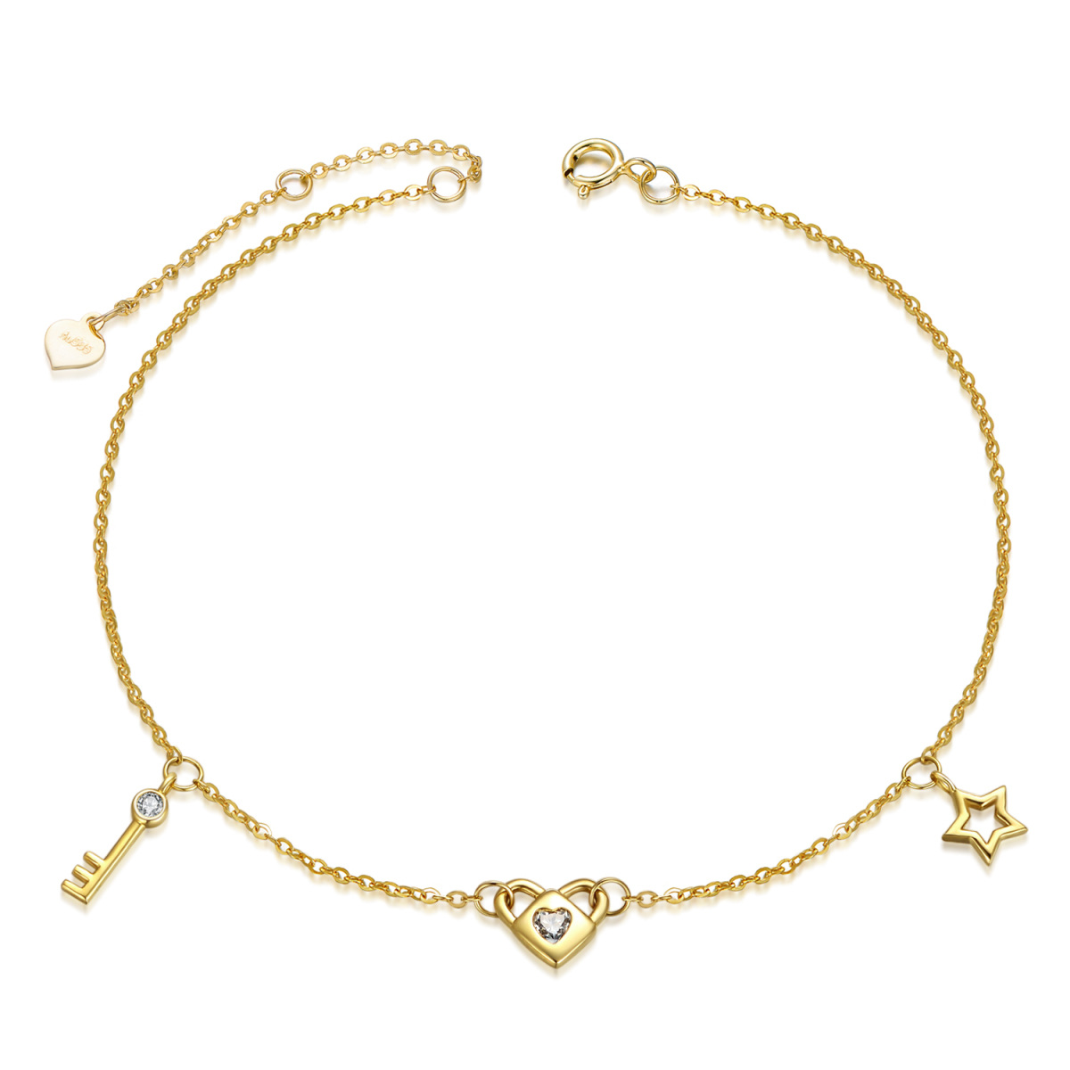 14K Gold Round Moissanite Heart & Key & Lock & Star Pendant Bracelet-1