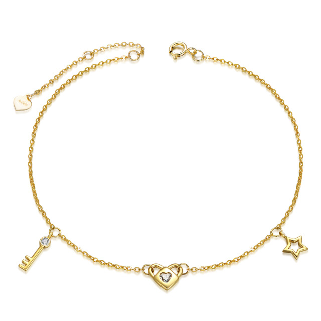 14K Gold Round Moissanite Heart & Key & Lock & Star Pendant Bracelet-0