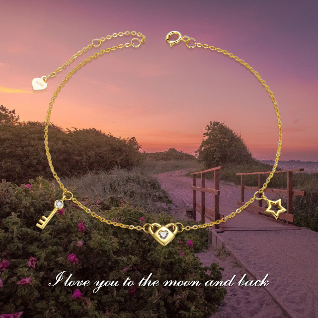 14K Gold Round Moissanite Heart & Key & Lock & Star Pendant Bracelet-3