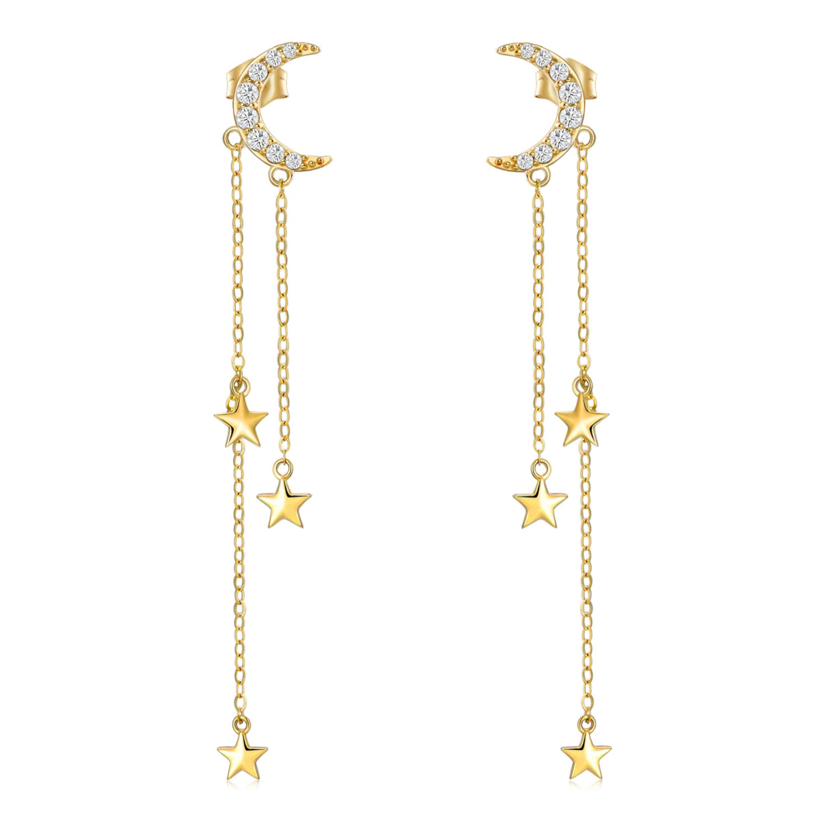 14K Gold Circular Shaped Cubic Zirconia Moon & Star Drop Earrings-1