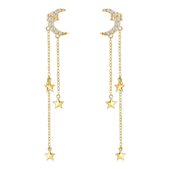 14K Gold Circular Shaped Cubic Zirconia Moon & Star Drop Earrings