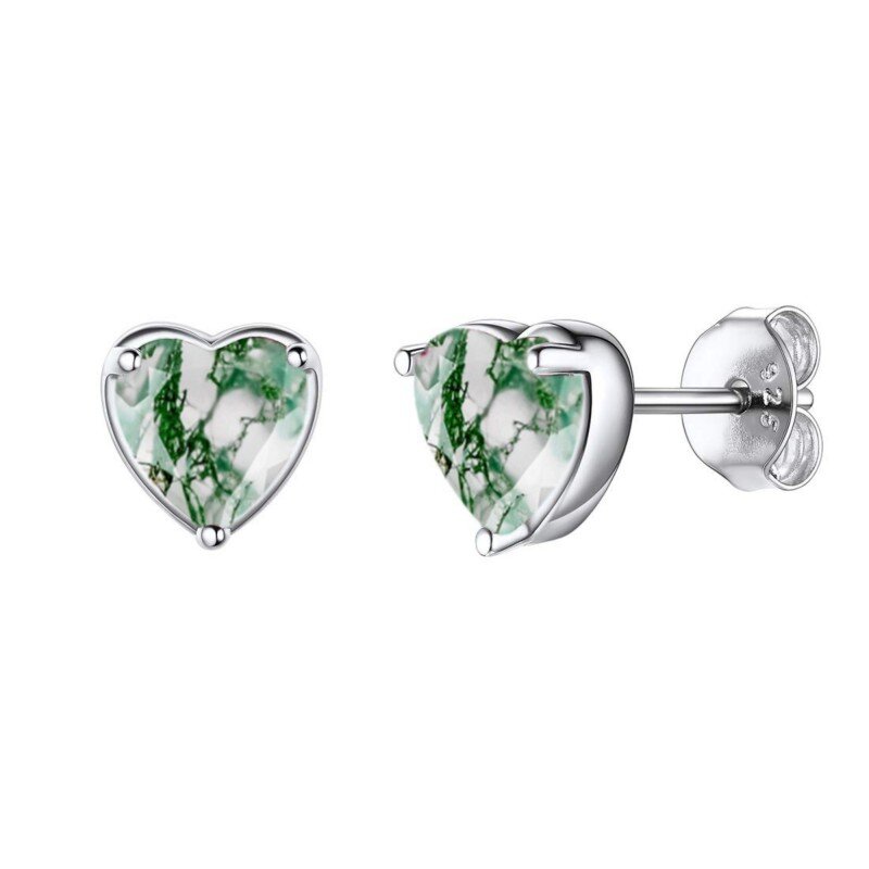 Sterling Silver Heart Shaped Moss Agate Heart Stud Earrings