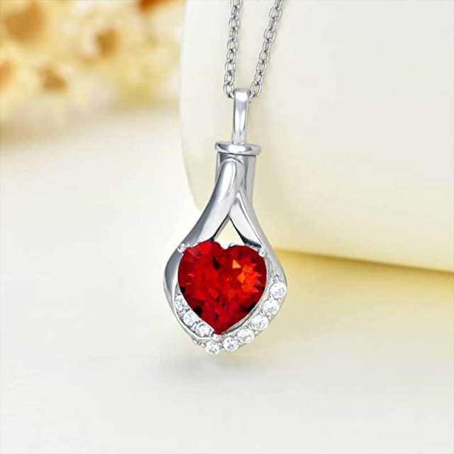 Sterling Silver Garmet Crystal Heart Urn Necklace for Ashes-3