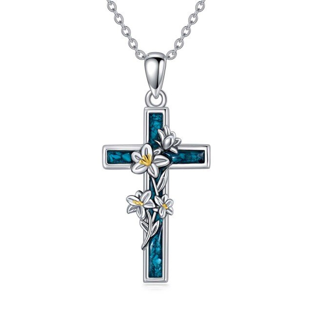 Sterling Silver Two-tone Turquoise Lily & Cross Pendant Necklace-3