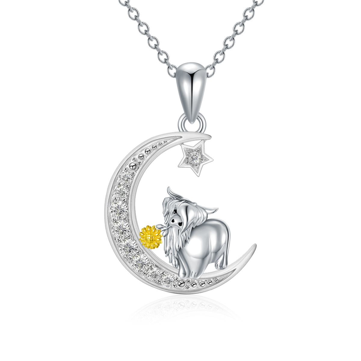 Sterling Silver Two-tone Zircon Highland Cow Pendant Necklace-1