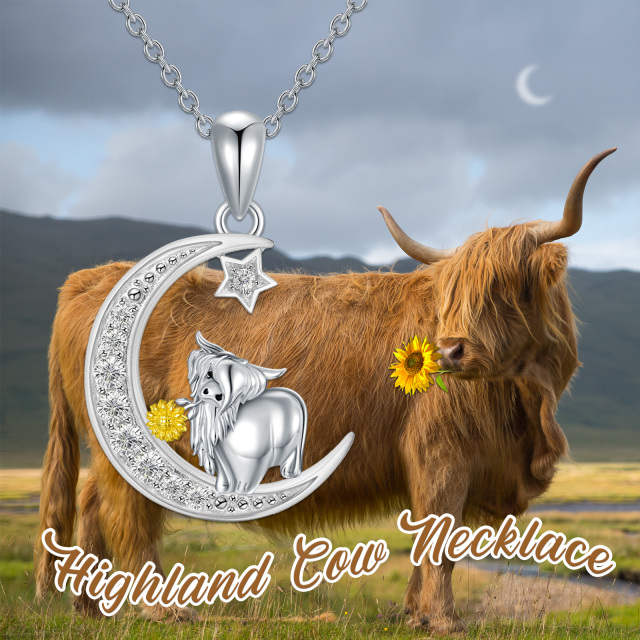 Sterling Silver Two-tone Zircon Highland Cow Pendant Necklace-2