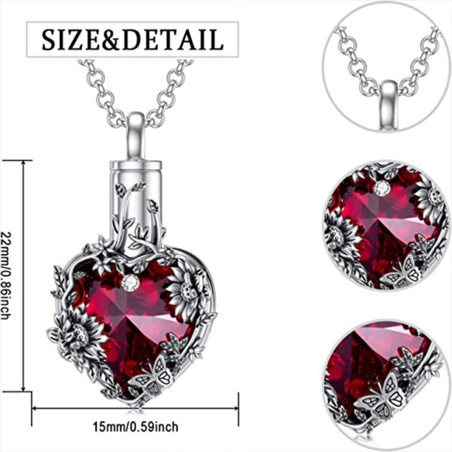Sterling Silver Heart Shaped Crystal Sunflower & Heart Urn Necklace for Ashes-5
