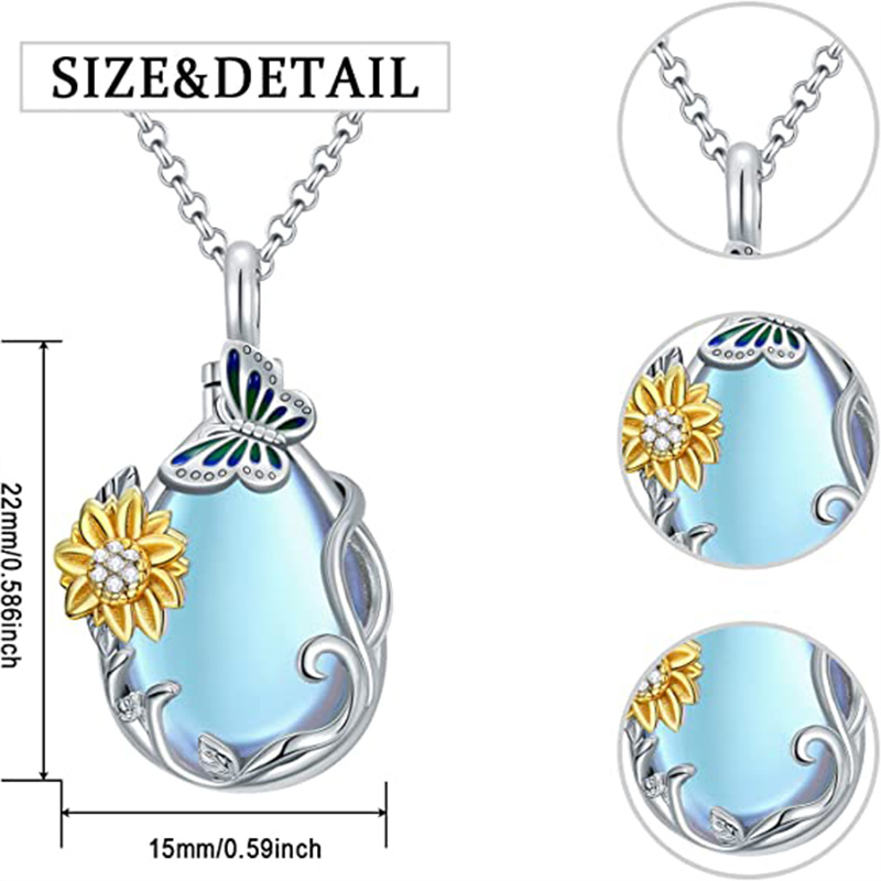 Sterling Silver Two-tone Moonstone Sunflower & Drop Shape Urn Necklace for Ashes-5