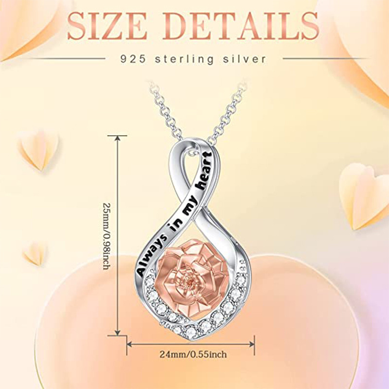 Sterling Silver Two-tone Circular Shaped Rose & Infinity Symbol Urn Necklace for Ashes with Engraved Word-7