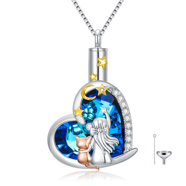 Sterling Silver Tri-tone Circular Shaped & Heart Shaped Crystal & Cubic Zirconia Cat & Heart & Moon & Star Urn Necklace for Ashes-0