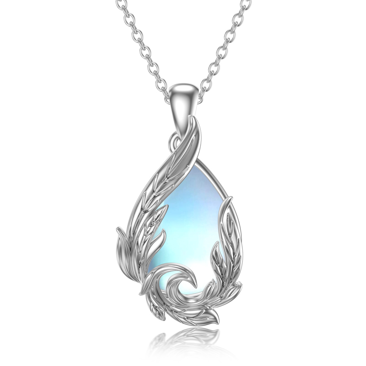 Sterling Silver Drop Shaped Moonstone Seaweed Pendant Necklace-1