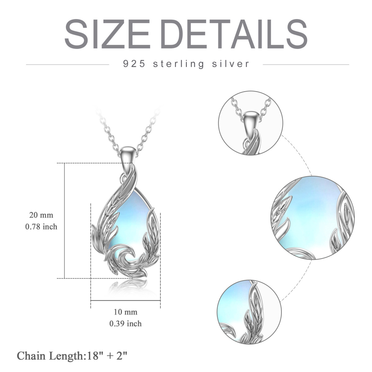 Sterling Silver Drop Shaped Moonstone Seaweed Pendant Necklace-5
