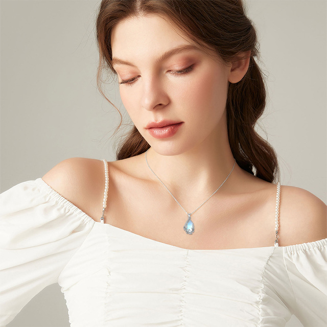 Sterling Silver Drop Shaped Moonstone Seaweed Pendant Necklace-1