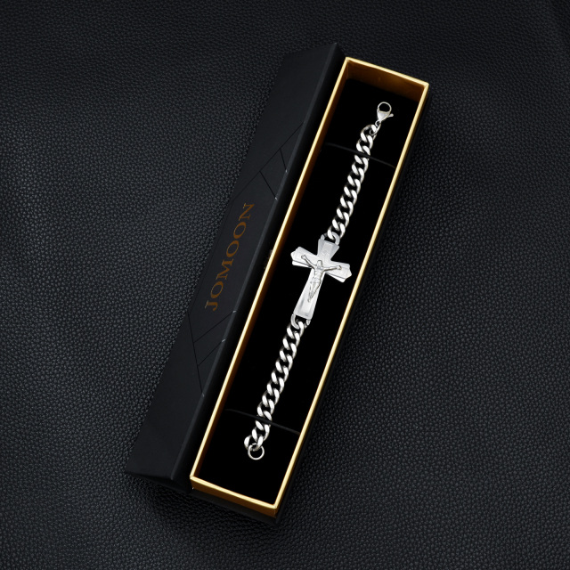 Stainless Steel with White Gold Plated Cross & Jesus Pendant Bracelet for Men-1