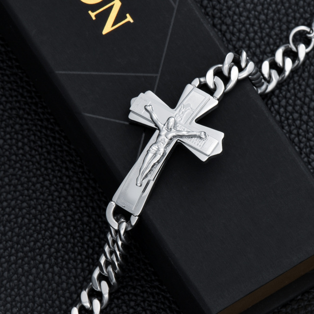 Pulsera de acero inoxidable con colgante de cruz de Jesús chapada en oro blanco para hombre-2