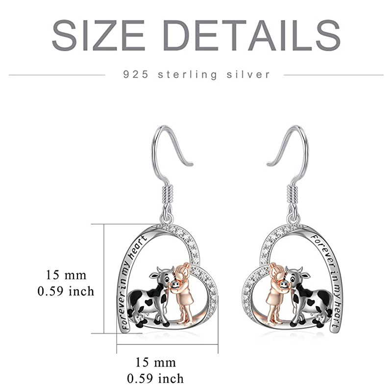 Sterling Silver Round Cubic Zirconia Cow Drop Earrings with Engraved Word-3