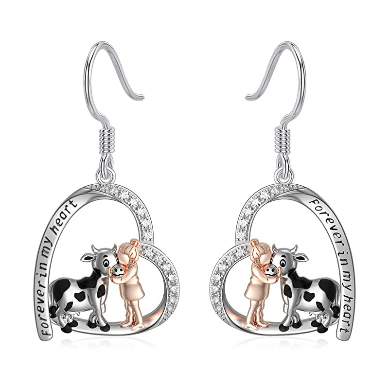 Sterling Silver Round Cubic Zirconia Cow Drop Earrings with Engraved Word-1
