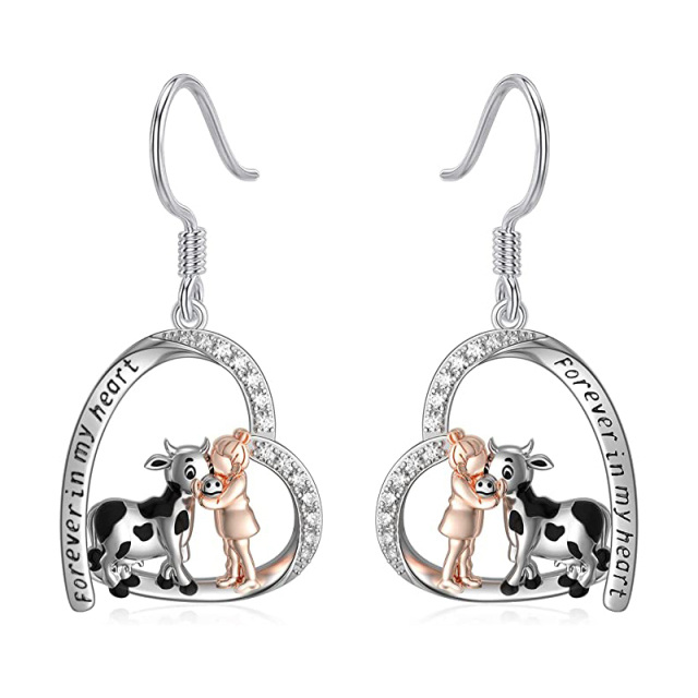 Sterling Silver Round Cubic Zirconia Cow Drop Earrings with Engraved Word-0