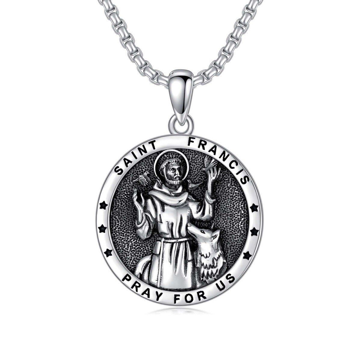 Sterling Silver with Black Rhodium Saint Francis Pendant Necklace with Engraved Word for Men-1