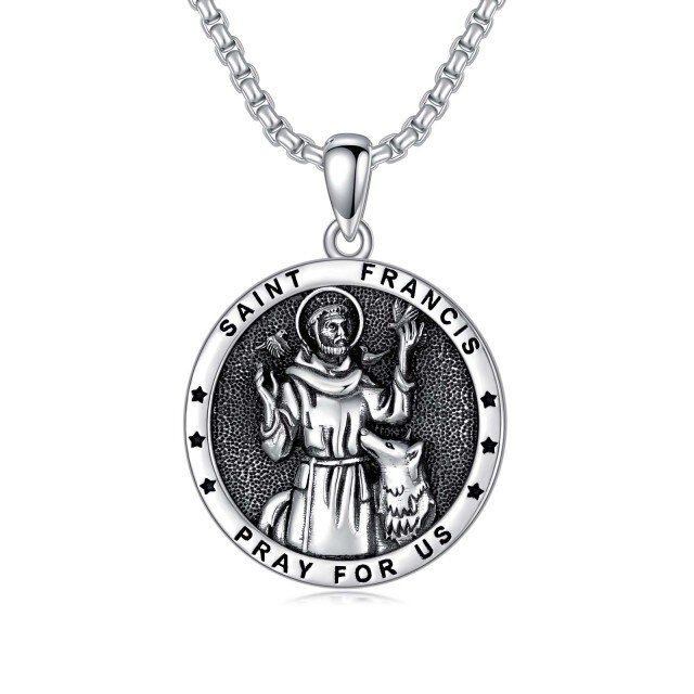 Sterling Silver with Black Rhodium Saint Francis Pendant Necklace with Engraved Word for Men-0