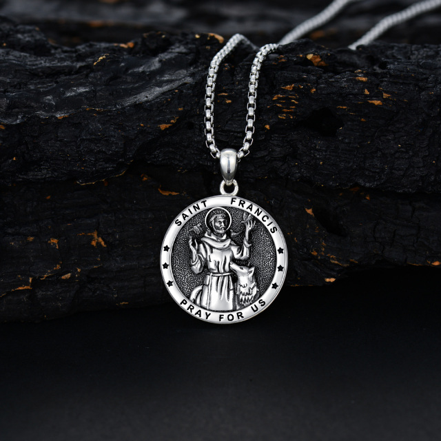 Sterling Silver with Black Rhodium Saint Francis Pendant Necklace with Engraved Word for Men-4