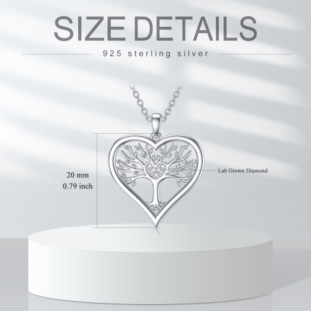 Sterling Silver Round Diamond Tree Of Life & Heart Pendant Necklace-4