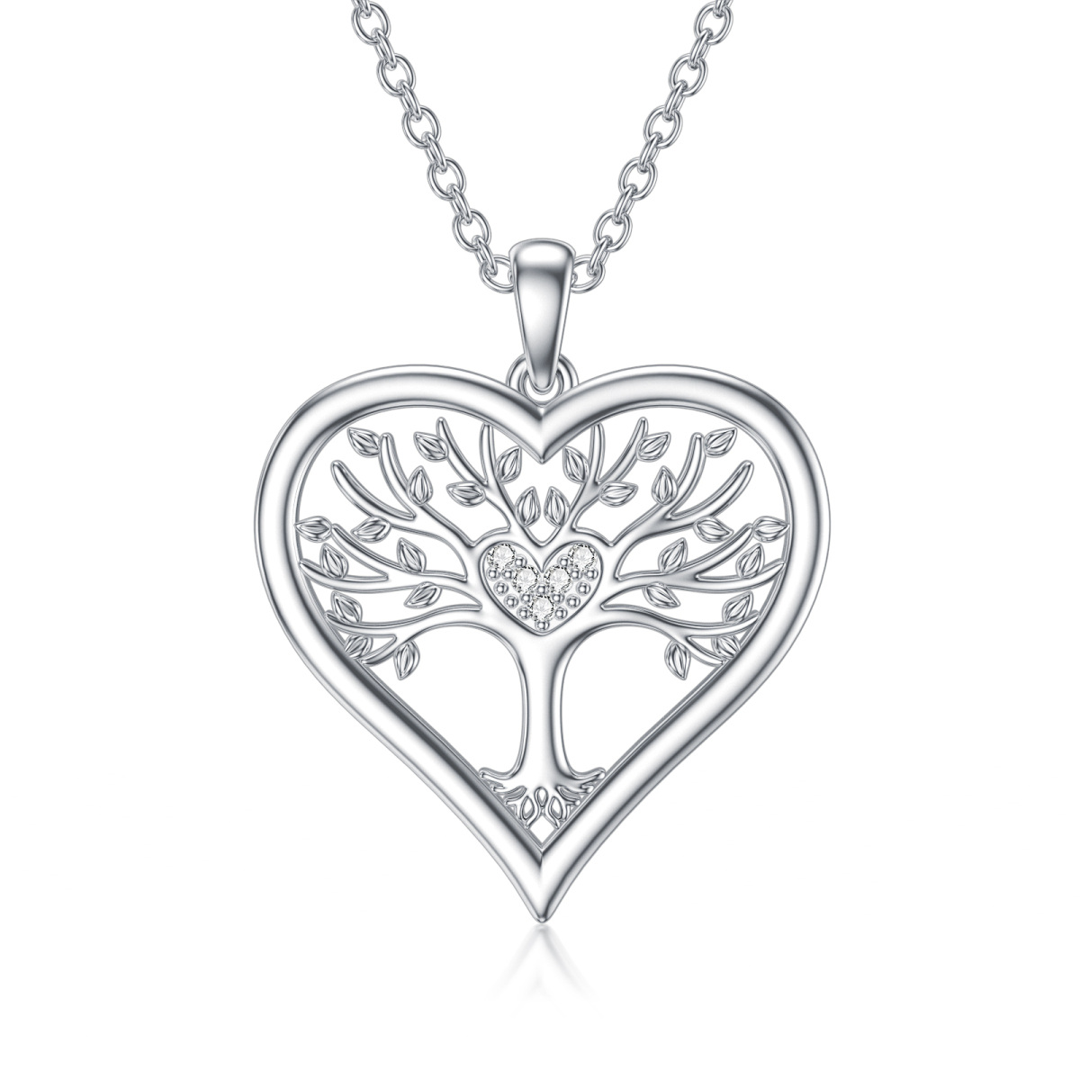 Sterling Silver Round Diamond Tree Of Life & Heart Pendant Necklace-1
