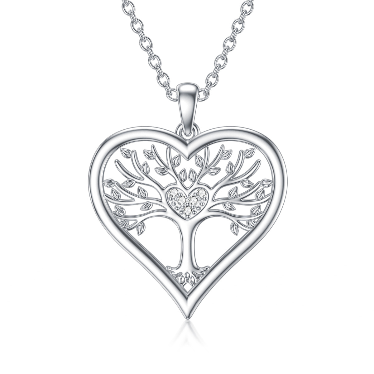 Collar Colgante Árbol de la Vida y Corazón de Plata de Ley con Diamantes Redondos-1