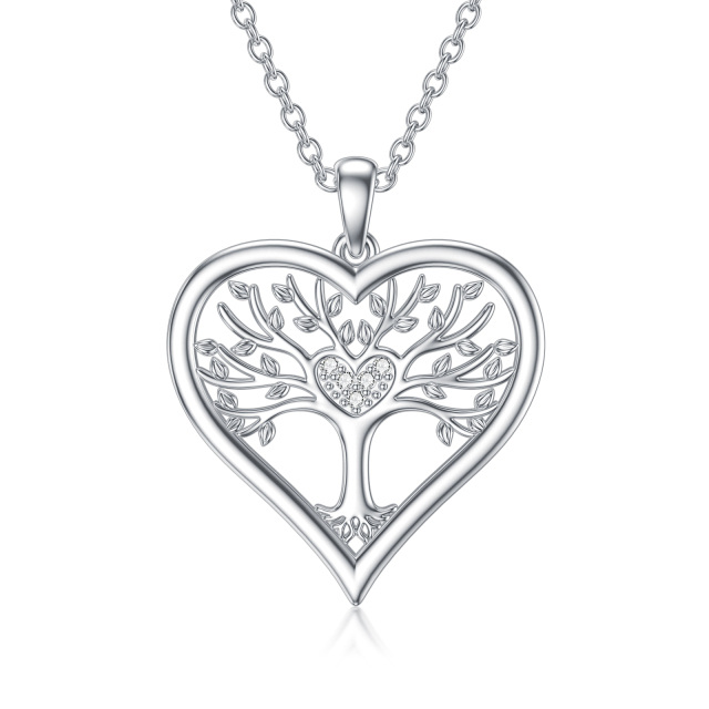 Sterling Silver Round Diamond Tree Of Life & Heart Pendant Necklace-0