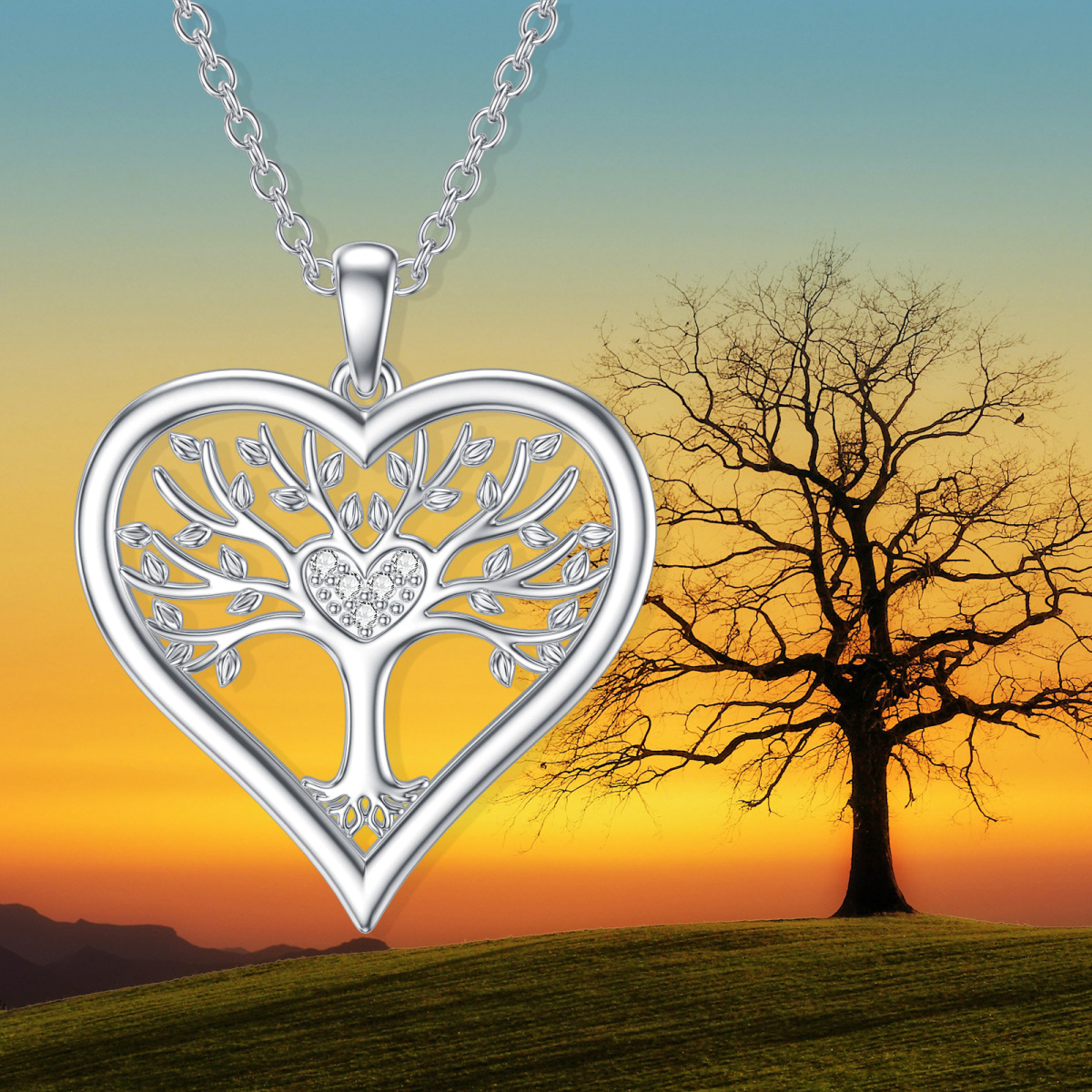 Sterling Silver Round Diamond Tree Of Life & Heart Pendant Necklace-6
