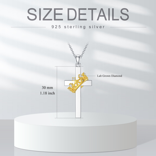 Sterling Silver Two-tone Round Laboratory Diamonds Cross Pendant Necklace-4