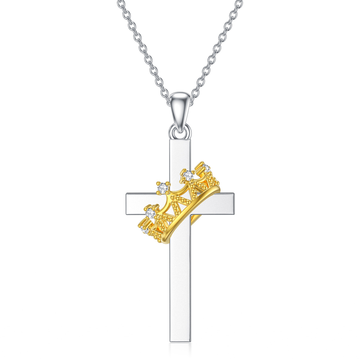 Sterling Silver Two-tone Round Laboratory Diamonds Cross Pendant Necklace-1