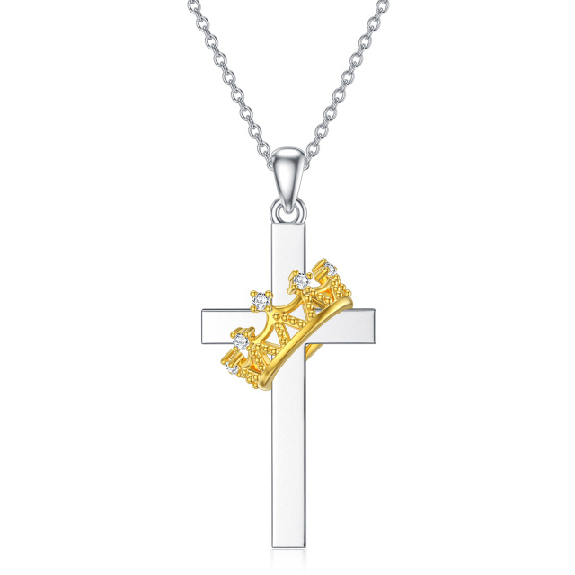 Sterling Silver Two-tone Round Laboratory Diamonds Cross Pendant Necklace-0