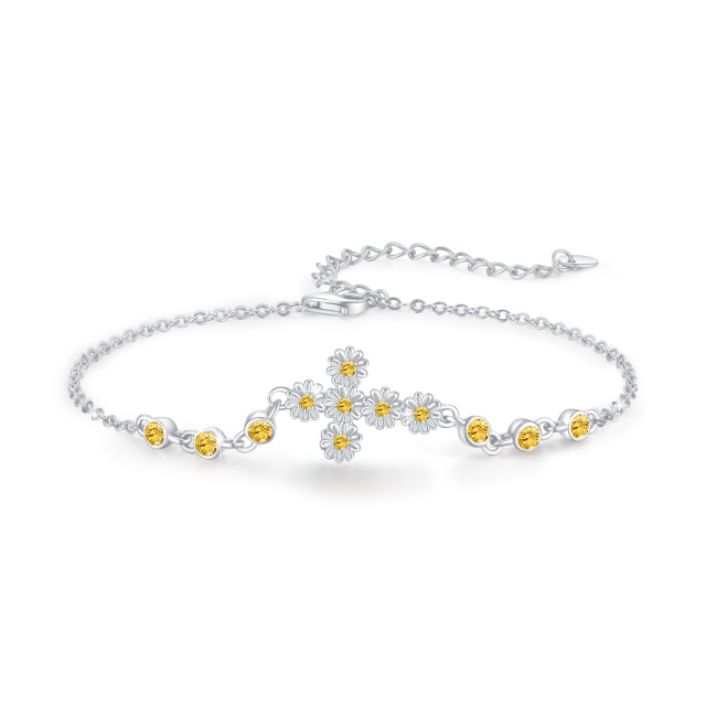 Sterling Silber kreisförmig Cubic Zirkonia Daisy & Kreuz Anhänger Armband-0