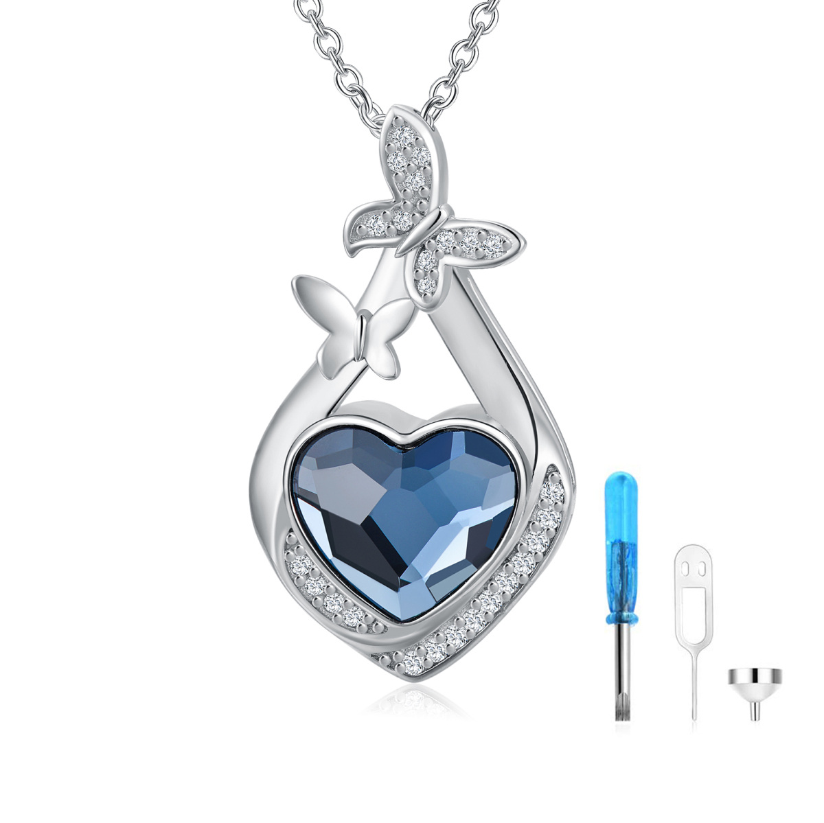 Sterling Silver Blue Heart Crystal Butterfly & Diamond Shaped Urn Necklace for Ashes-1