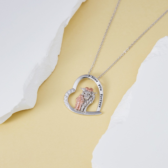 Sterling Silver Two-tone Heart Highland Cow & Rose Pendant Necklace with Engraved Word-2