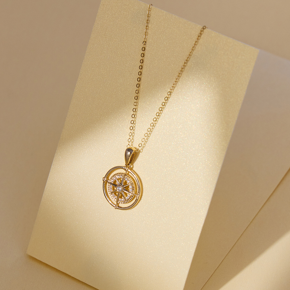 14K Gold Compass Pendant Necklace with 5A Austria Zircon-4