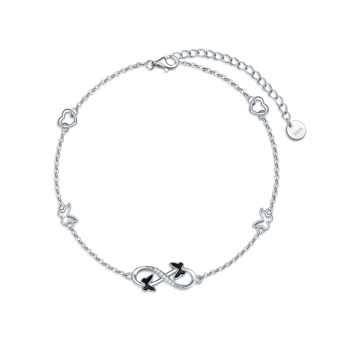 Sterling Silver Circular Shaped Cubic Zirconia Butterfly & Infinity Symbol Single Layer Anklet-1