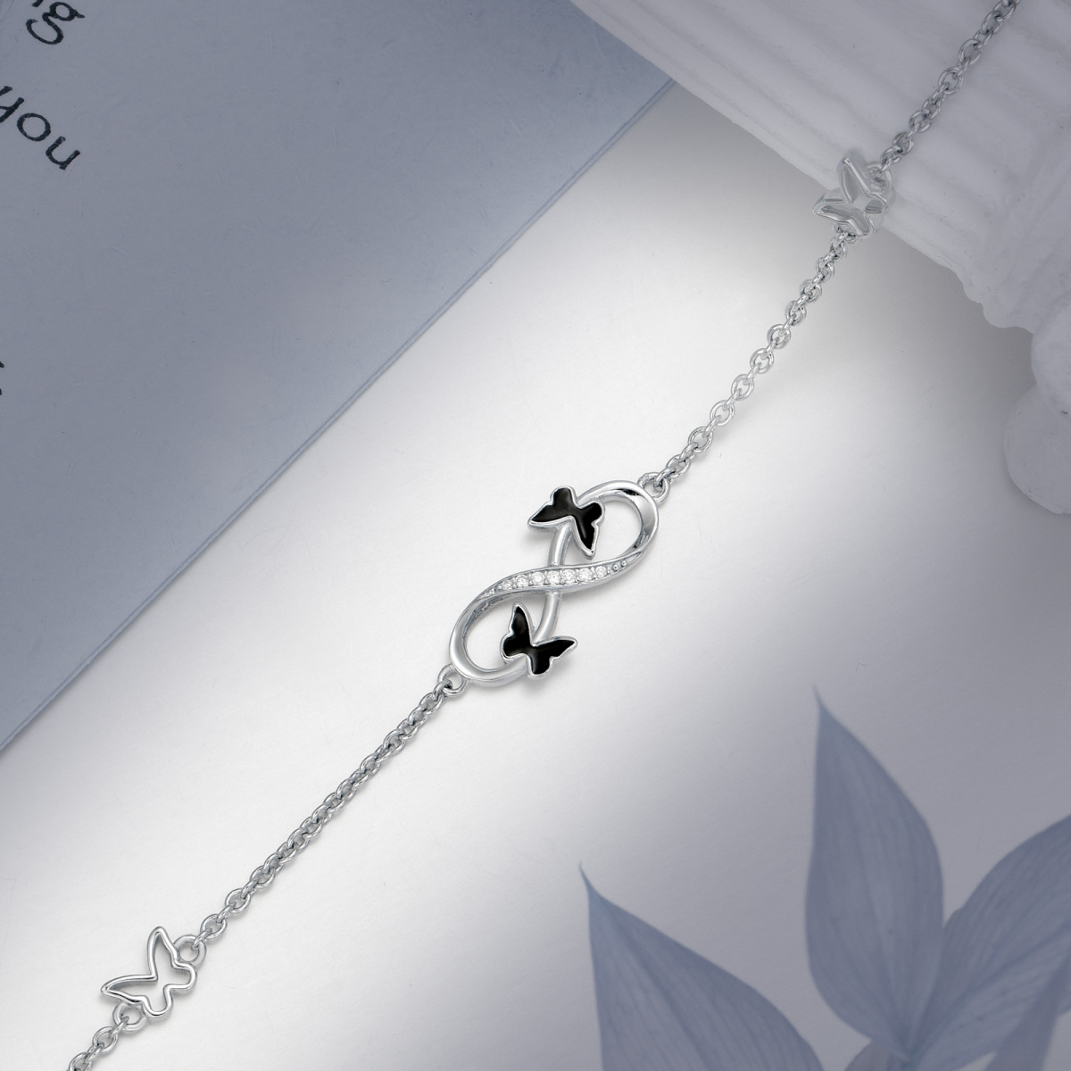 Sterling Silver Circular Shaped Cubic Zirconia Butterfly & Infinity Symbol Single Layer Anklet-3