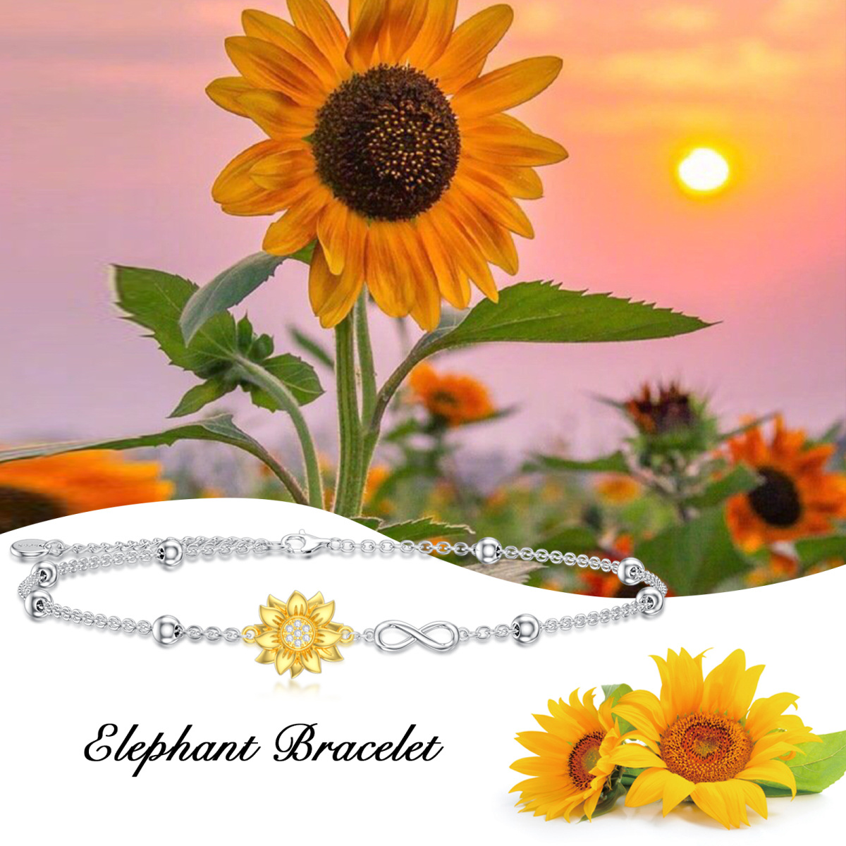 Sterling Silver Two-tone Sunflower & Infinity Symbol Pendant Bracelet-6