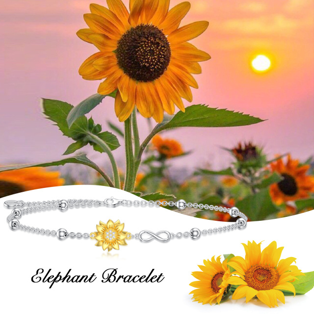 Sterling Silver Two-tone Sunflower & Infinity Symbol Pendant Bracelet-5